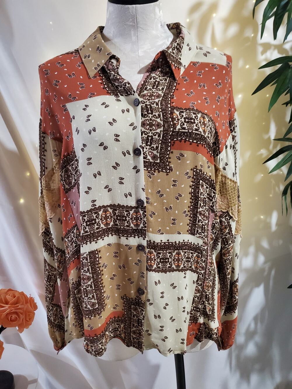 Mystree Patchwork Paisley Boho Button Long Sleeve Shirt Size L Hippie Country
